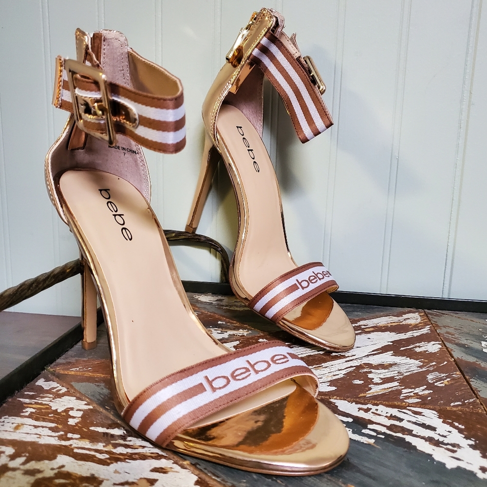 Bebe Spellout Logo Heels Rose Gold Ankle Straps Zip Up